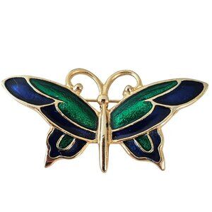 SFJ Blue Green Enamel Butterfly Brooch, Signed L283